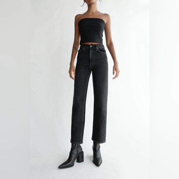 OAK + FORT Denim - Oak + Fort High Rise Straight Leg Washed Black Denim